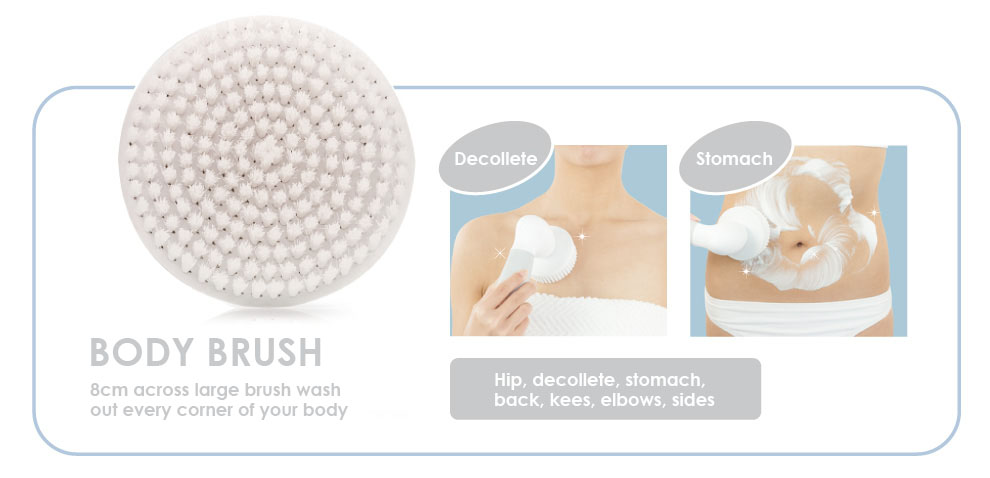 体用ボディブラシ。直8cmの特大のブラシが、隅々まで、しっかり洗い上げます。デコルテ、お腹周り。ヒップ、デコルテ、お腹周り、背中、ヒジ、ヒザ、脇など、