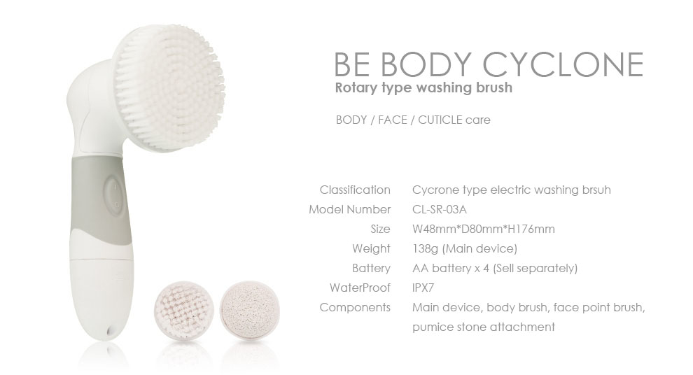 週末エステでセレブ気分美ボディサイクロン。ボディ、フェイス、角質ケア。種別、家庭用美容器。型番CL-SR-03A。本体サイズ、幅：約48mm×奥:約80mm×高さ：約176mm。本体重量、約138g（本体のみ）。電源方式、単3形アルカリ乾電池4本（別売り）。防水性能、IPX7（防浸形）。セット内容、本体、ボディブラシ、フェイスポイントブラシ。軽石アタッチメント、取り扱い説明書（保証書付）