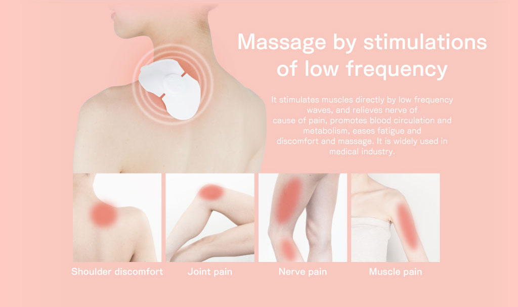 低周波の微弱な電流を患部に流し、筋肉を直接マッサージすることで痛みの元となる神経をしずめ、血行を促進させ、新陳代謝を促し、疲れやコリをやわらげます。医療分野の治療にも広く使われている療法です。
