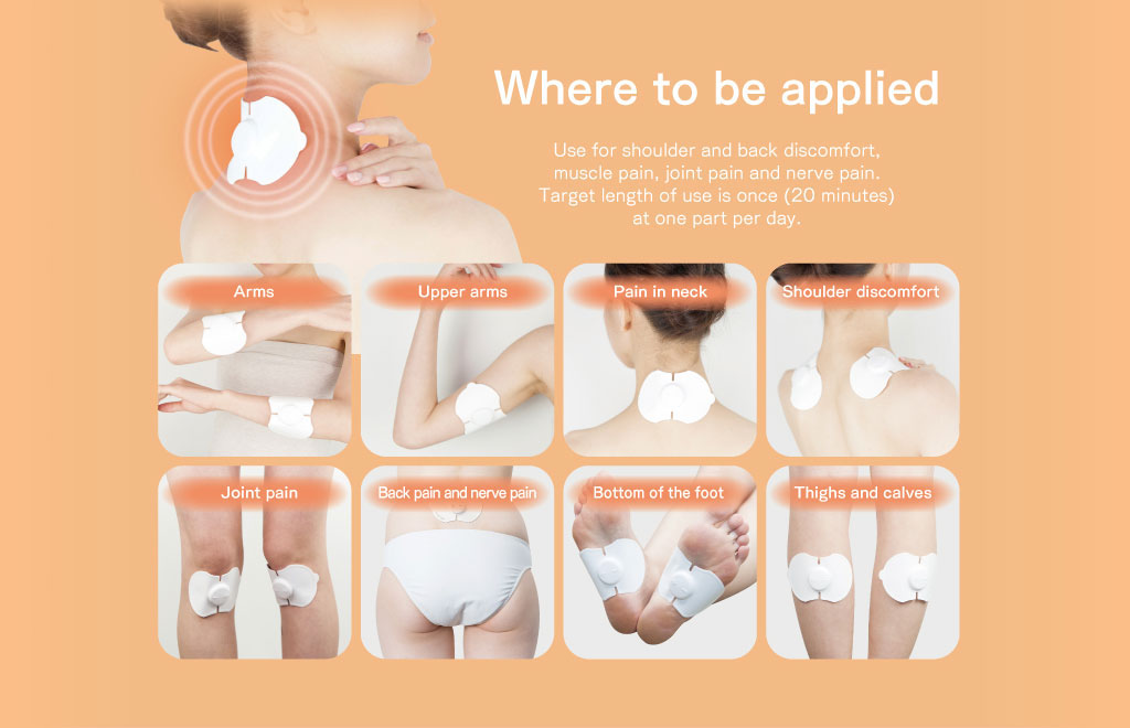 使用部位。肩や腰のコリ、筋肉痛、関節痛、神経痛などの患部にお使いください。1日1カ所1回（20分）を目安にお使いください。腕、二の腕、首の痛み、肩のコリ、関節痛、腰のコリや神経痛、足裏、太もも、ふくらはぎ