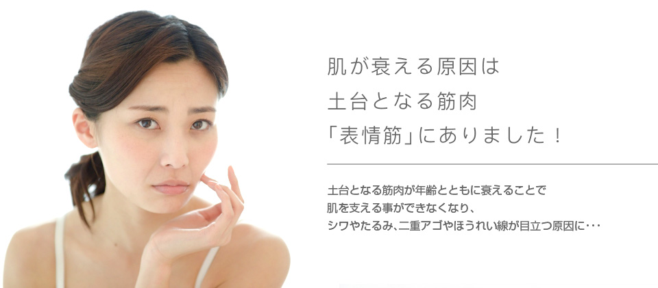 肌が衰える原因は土台となる筋肉「表情筋」にありました！土台となる筋肉が年齢とともに衰えることで肌を支える事ができなくなり、シワやたるみ、二重アゴやほうれい線が目立つ原因に…