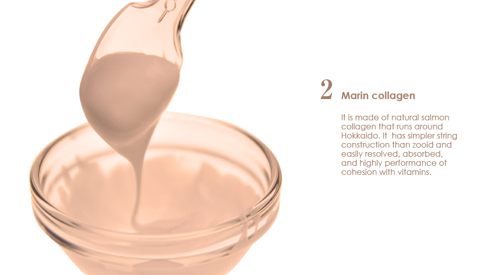 マリンコラーゲン、北海道を回遊している天然の鮭のコラーゲンを使用しています。動物性よりも繊維構造が単純で、分解・吸収されやすく、ビタミンとの結合も抜群です。